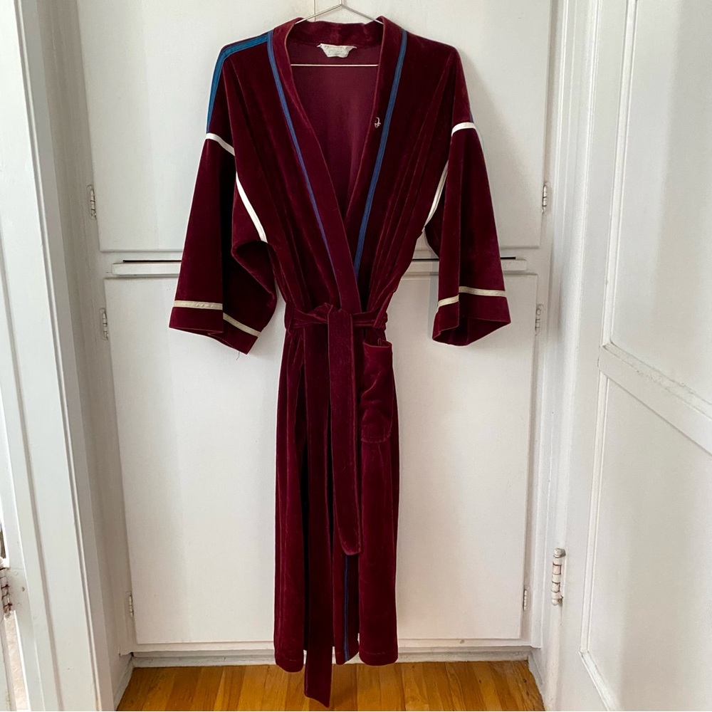 Vintage Dior Burgundy Velvet Logo Contrast Piping Robe with Waist Tie - OS